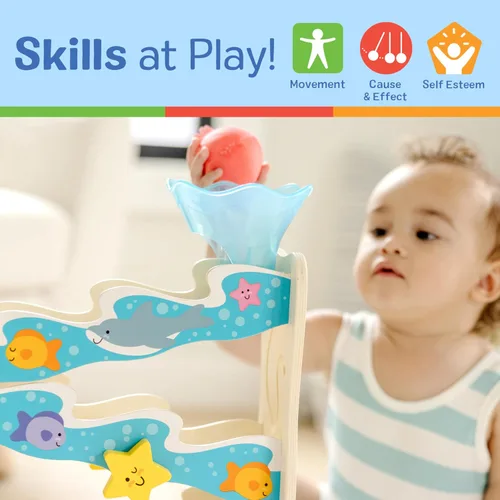 Vista 5 de Melissa & Doug Rollables Ocean Slide - Juguete de caída de pelotas de madera para bebé, 5 piezas de juguetes para bebés con temática oceánica