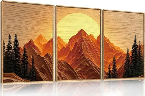 Vista 51 de Celestdeco Juego de arte de pared en lienzo abstracto y neutro grande con marco naranja, moderno y minimalista para pared, diseño geométrico bohemio