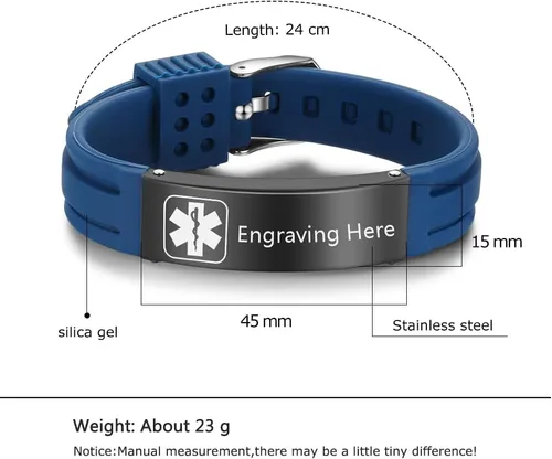 Vista 127 de OPALSTOCK Pulseras médicas personalizadas de silicona ajustable para identificación de emergencias, grabado gratuito, 9 pulgadas, resistente al