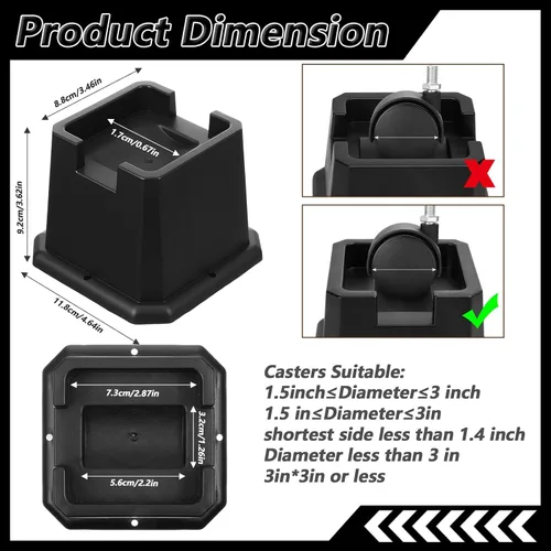 Vista 2 de Paquete de 4 elevadores de cama de 3 pulgadas, elevadores de cama resistentes, se adaptan a ruedas de muebles, sofá, mesa y sofá, color negro