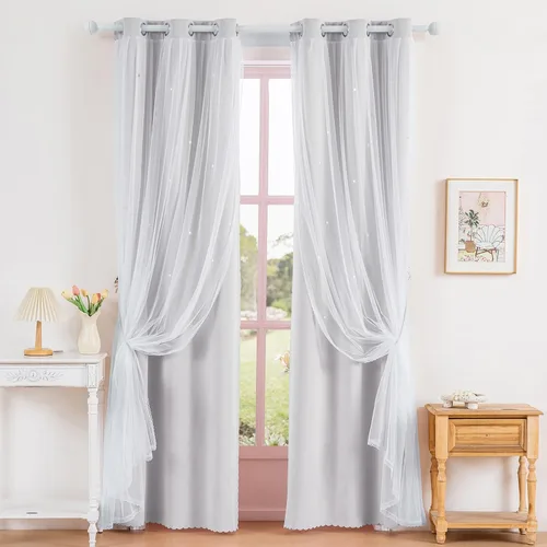 Vista 34 de Anytime - Cortinas para dormitorio de niñas con estrella hueca, cortinas opacas para habitación de niños, cortinas largas para oscurecer