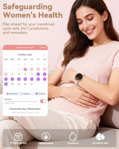 Vista 6 de Reloj inteligente para mujer, Android/iPhone, pantalla AMOLED de 1.32 pulgadas con respuesta/hacer llamadas/rastreador de ejercicio/frecuencia