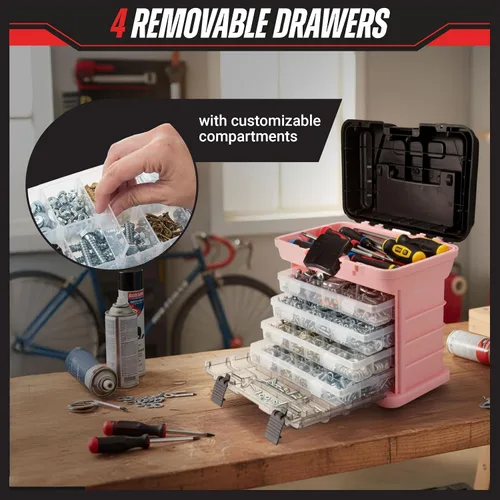 Vista 3 de Caja de herramientas Stalwart línea que cuenta con estantes, para piezas y artesanías, con 4 organizadores Rosa