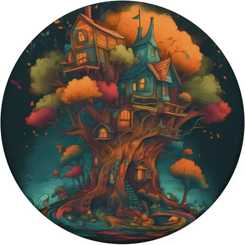 Vista 3 de Una casa del árbol caprichosa ubicada en un bosque colorido. PopSockets Fantasy PopGrip intercambiables