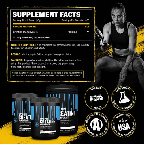 Vista 8 de Animal Monohidrato de creatina en polvo, creatina micronizada para mujeres y hombres, apoya el crecimiento muscular, la fuerza, la resistencia