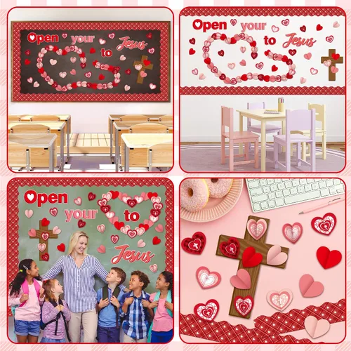 Vista 5 de CY2SIDE Juego de 99 piezas de recortes para tablón de anuncios, diseño de corazón rojo de Pascua, cruz plegable, etiquetas de nombre para la escuela