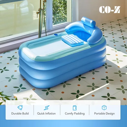 Vista 2 de Tina portátil CO-Z plegable e inflable, de PVC, con bomba de aire eléctrica Azul