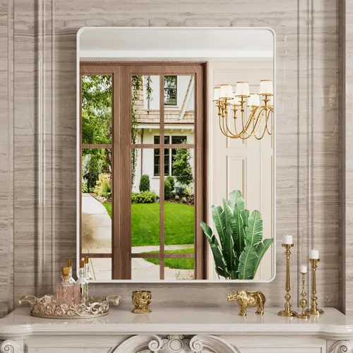Vista 55 de JISOSO - Espejo de baño negro de 20x30 pulgadas con marco de metal negro, espejo de tocador rectangular redondeado con acabado mate para pared