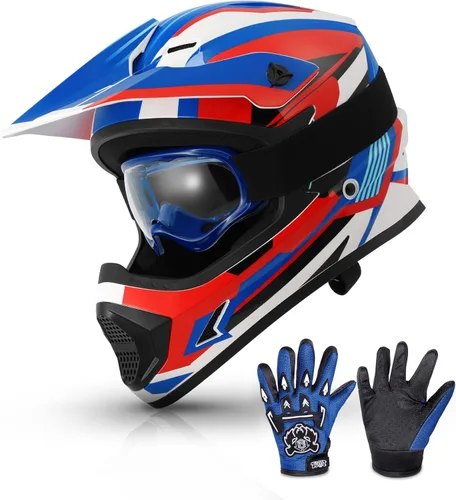 Vista 16 de TCMT Azul Niños Motocross ATV Dirtbike BMX Offroad Cara Completa Juventud Casco Guantes Gafas Aprobado Punto