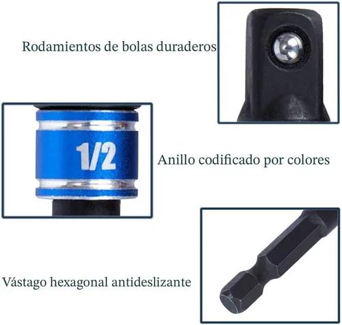 Vista 6 de CIGOTU Juego de extensión de adaptador de llaves de mano de grado de impacto, 3 piezas de 1/4 3/8 1/2 pulgadas con vástago hexagonal + accesorio