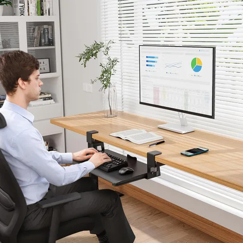 Vista 8 de BONTEC Bandeja para teclado debajo del escritorio, plataforma extraíble Negro
