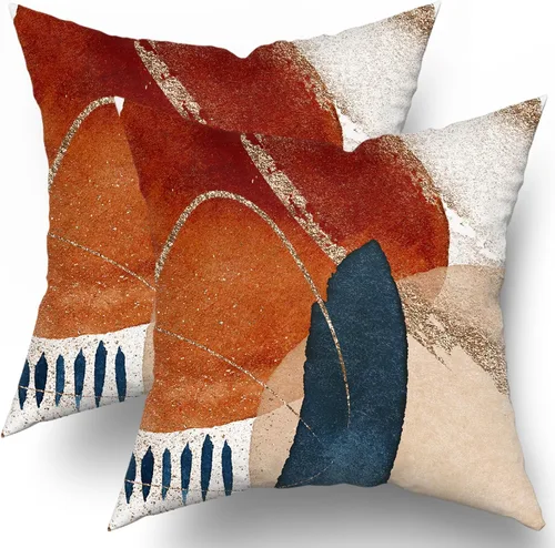 Vista 12 de Juego de 2 fundas de almohada bohemias de 16 x 16 pulgadas, color azul marino y naranja, modernas, con estampado geométrico abstracto