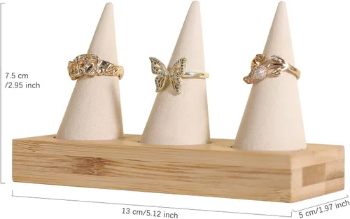 Vista 4 de GemeShou Soporte de anillo de madera blanca, soporte de anillo de terciopelo para joyas, bonito soporte de exhibición de anillos para vender