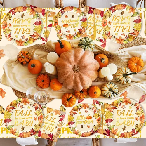 Vista 5 de El juego de decoraciones de baby shower de calabaza pequeña sirve 30, platos y servilletas de baby shower con temática de otoño, baby shower