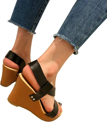 Vista 4 de HOSTINGG Sandalias de cuña para mujer, alpargatas de cuña para mujer, sandalias de plataforma con hebilla de tobillo y puntera abierta