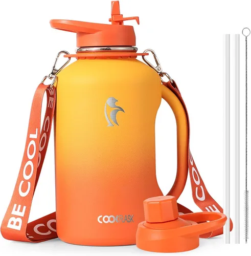 Vista 10 de Coolflask - Botella de agua aislada de 64 onzas, jarra de agua de medio galón con asa, popote de acero inoxidable, doble pared, de metal al vacío