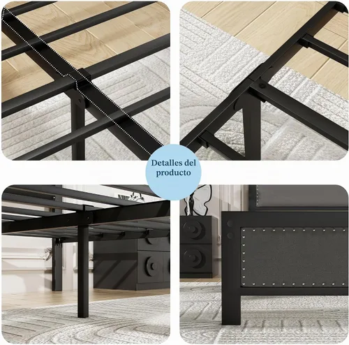Vista 7 de VECELO Marco de cama tamaño Queen con cabecera tapizada, plataforma resistente con listones de metal fuertes, no necesita somier, fácil montaje