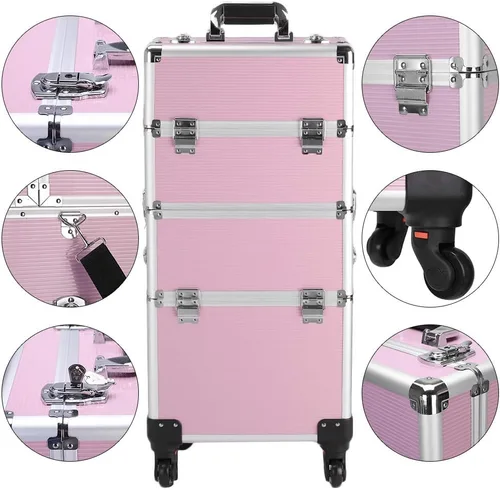 Vista 3 de Karl home Estuche de tren de maquillaje 3 en 1, carrito de cosméticos rodante, organizador de viaje de gran capacidad con llave ruedas giratorias
