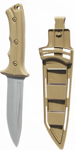 Vista 2 de zonzxcv 2 cuchillos falsos de utilería para niños, cuchillo falso inofensivo y seguro para fiesta de Halloween de 10 pulgadas (caqui)