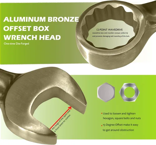 Vista 4 de WEDO Llave combinada sin chispas, llave combinada de seguridad sin chispas, bronce de aluminio, forja, DIN 3113, certificado BAM y FM, tamaño 1