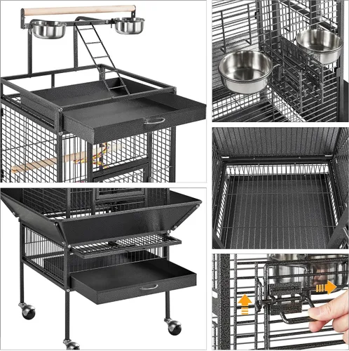 Vista 7 de Jaula para pájaros y accesorios de Yaheetech. Ideal para loros, cacatúas, periquitos., Negro