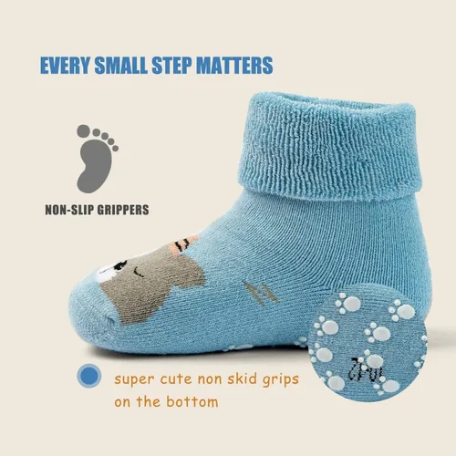 Vista 5 de Calcetines cálidos antideslizantes para bebés y niños, calcetines de invierno gruesos con agarres para bebés y niñas, calcetines antideslizantes