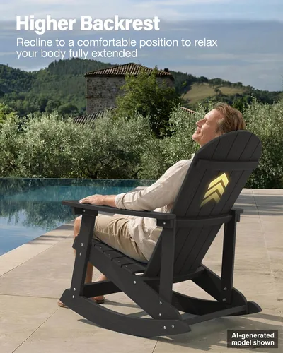 Vista 4 de YEFU Mecedora para exteriores, mecedora Adirondack, silla mecedora de patio con respaldo ancho, silla mecedora de gran tamaño con aspecto de madera