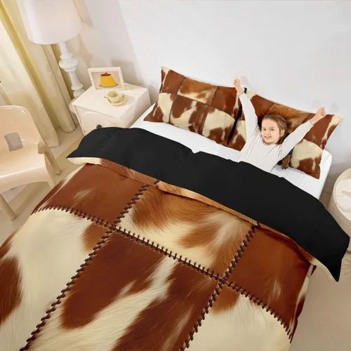 Vista 5 de Juego de ropa de cama con estampado de piel de vaca para niños, juego de funda de edredón con patrón de piel de vaca, juego de funda de edredón
