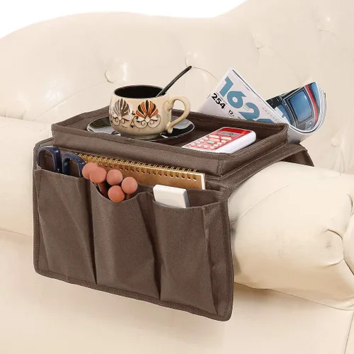 Vista 5 de Durable Oxford - Organizador de reposabrazos de tela antideslizante, bolsillo de almacenamiento con 3 bolsillos, soporte para control remoto de TV