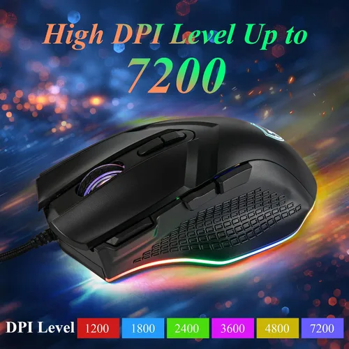 Vista 2 de LEWENTECH Gaming Mouse 6 Adjustable DPI Up to 7200 Wired PC Gaming Mouse 8 Programmable Buttons 13 Adjustable RGB LED Modes 1.5 M Drag-Free Paracord