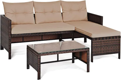 Vista 7 de Juego de sofá seccional de ratán de 3 piezas, juego de conversación de mimbre para patio con diván, asiento de amor y mesa auxiliar, juego de Marrón