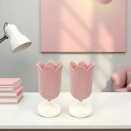 Vista 3 de 2 soportes de plástico rosa para bolígrafos de tulipán, bonitos vasos para escritorio, organizador de pinceles, suministros de papelería de oficina