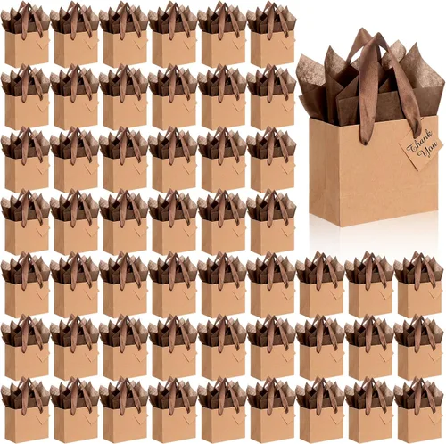 Vista 21 de Qilery 50 bolsas de regalo de papel de boda a granel con papel de seda, pequeñas bolsas de regalo con asa y etiquetas para cumpleaños, bodas