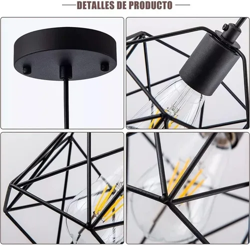 Vista 3 de Colgante negro claro, lámpara colgante industrial, lámpara colgante de jaula de hierro de granja, lámpara colgante de metal E26 ajustable colgante
