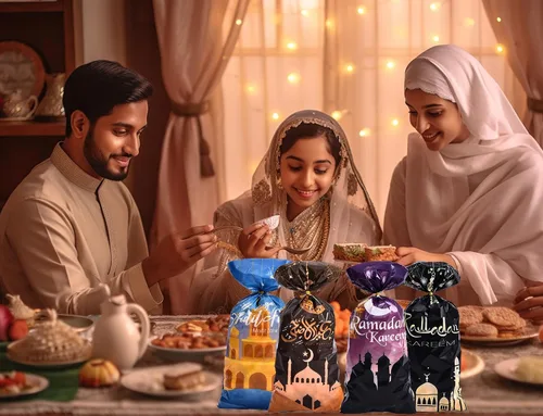 Vista 4 de Threetols 100 bolsas de celofán Eid Mubarak, bolsas de celofán de Ramadán Kareem, bolsas de regalo de celofán Eid Moon Star transparentes