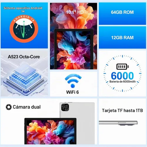 Vista 2 de 2026 Última Tableta, 12 GB de RAM 64 GB ROM, procesador Octa-Core 10.1 pulgadas HD IPS pantalla táctil Tabletas Android, Tableta 2 en 1 con teclado