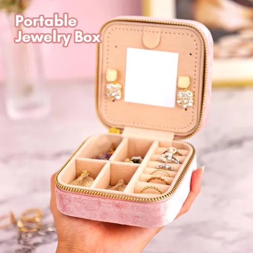 Vista 5 de Fixwal Joyero de terciopelo de felpa de viaje con espejo, mini joyero para mujeres y niñas, pequeñas cajas organizadoras portátiles para anillos