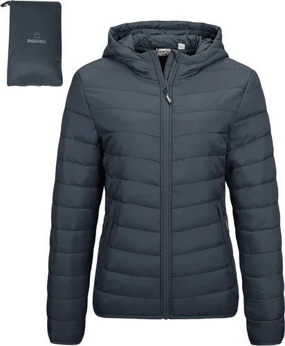 Vista 14 de Outdoor Ventures Chaqueta Puffer Ligera Empacable para Mujer con Cremallera Completa y Capucha, Abrigo de Invierno Acolchado Verde militar