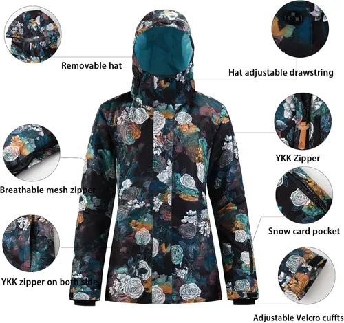 Vista 4 de Chaqueta de esquí para mujer, abrigo de nieve impermeable, resistente al viento, chaqueta de snowboard aislada, con capucha, invierno cálido