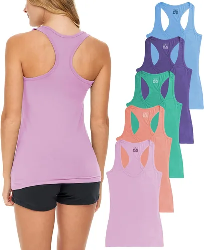 Vista 13 de Sexy Basics Paquete de 5 camisetas sin mangas PowerFlex con espalda nadadora para mujer / Camisetas sin mangas elásticas de algodón y elastano
