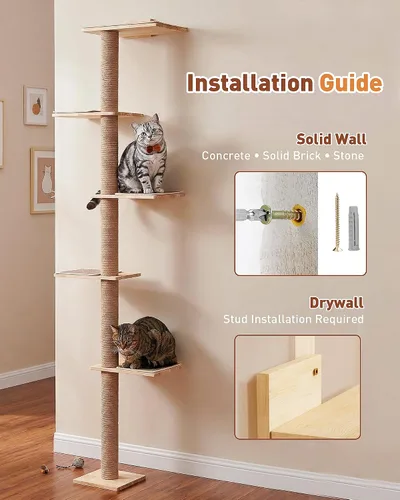 Vista 5 de Árbol para gatos de 80.3 pulgadas de alto para pared, árbol de gato de 5 niveles de piso a techo, árbol para gatos ajustable montado en la pared
