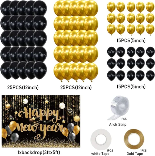 Vista 2 de NEY Party Supplies 2026 Decoraciones 2026 Feliz Año Nuevo con fondo negro dorado, mantel, globos grandes de aluminio, látex, globos de confeti