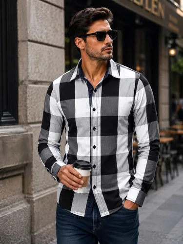 Vista 2 de Camisas Fredd Marshall para hombre, manga larga, ajustadas, 100% algodón a cuadros Negro