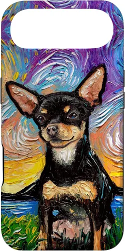 Vista 27 de Negro y bronceado liso Chihuahua Starry Night Dog ilustraciones caso para iPhone 17