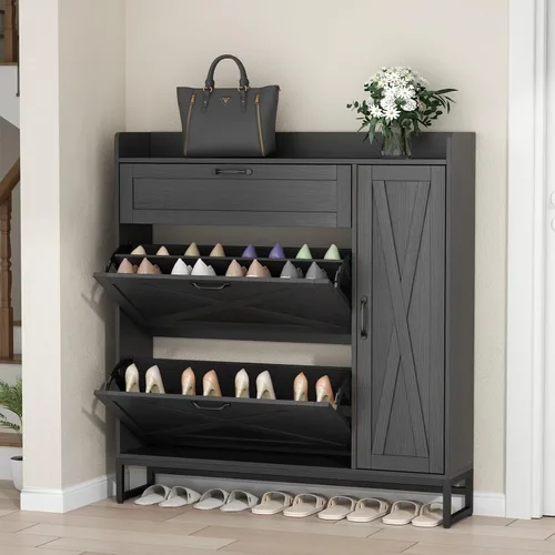 Vista 5 de Auromie - Organizador de zapatos independiente con 2 cajones abatibles y gabinete lateral, almacenamiento estrecho de zapatos para entrada con Negro