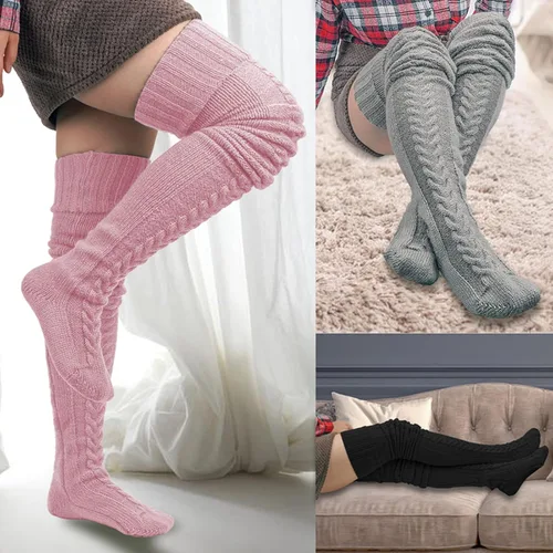 Vista 5 de VETHIN Calcetines de punto trenzado para mujer, para botas altas por encima de la rodilla, pierna larga, pierna de tubo para mujer, calentadores