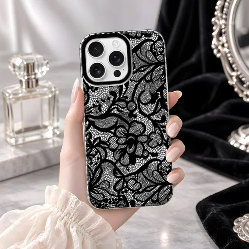 Vista 4 de NITITOP Funda para iPhone 13 Pro con flores de encaje transparente - Negro