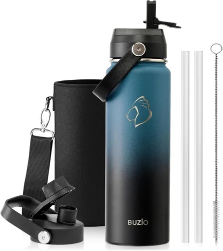 Vista 30 de BUZIO Botella de agua aislada de 24 oz, frasco de agua de boca ancha de acero inoxidable con tapa de pajita, frío durante 48 horas a prueba de Negro