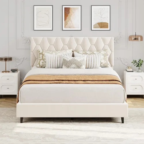 Vista 18 de GAOMON Base de cama tapizada tamaño individual, color beige, base de cama de plataforma resistente con cabecera tapizada y listones de madera