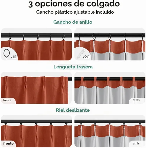 Vista 6 de HOMEIDEAS Cortinas plisadas de color naranja quemado 100% opacas, mezcla de lino de lujo con aislamiento térmico con ganchos ajustables, para sala